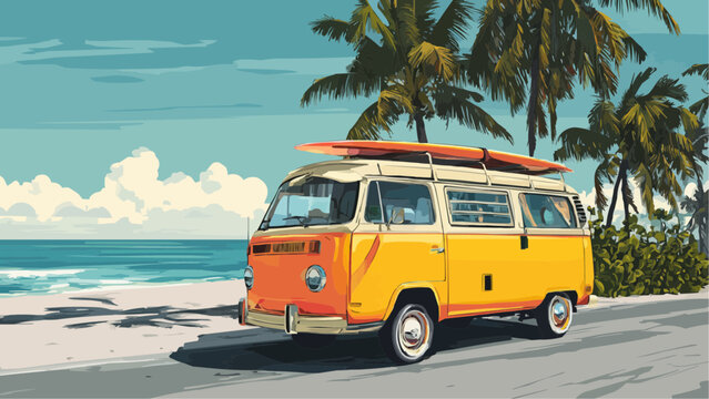 Vintage vw bus parked on beach road with surfboard and palm trees on a sunny tropical day scene