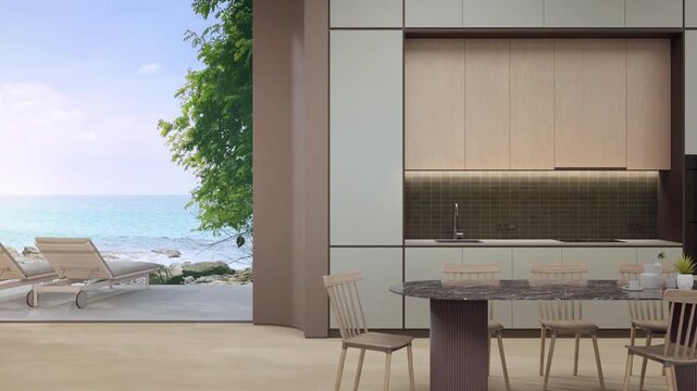Minimalist coastal kitchen design shows large window to sea view and handleless cabinets. Soft daylight on empty wooden floor beside counter with tile backsplash near dining table 3d rendering.