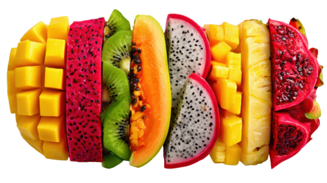 Colorful Fruit Medley: A vibrant composition of sliced tropical fruits showcasing a rainbow of colors and textures, offering a visual feast of freshness and healthy eating.