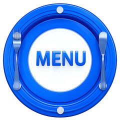 Blue plate with cutlery, white center displaying "MENU". 3D rendered design