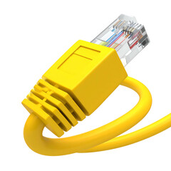 Close-up of a bright yellow Ethernet cable and connector against a stark black background