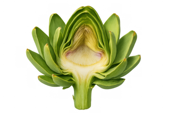 Artichoke cut in half, revealing the pale inner leaves and heart. Healthy, fresh, raw vegetable food. Transparent background