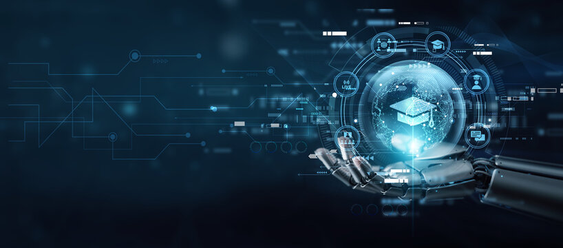 Educator hand holding globe with network connecting data EdTech innovation. Online learning, interactive platforms, virtual classrooms, AI tutoring, academic progress, and education transformation.