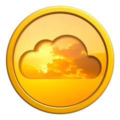 Golden, circular icon of a cloud with a radiant sunset backdrop