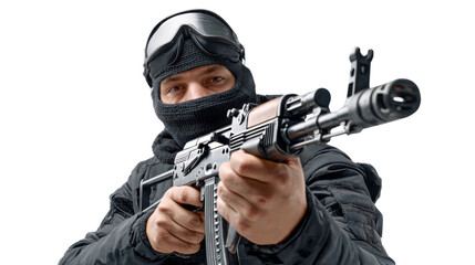 Obraz premium Elite Operative: A determined operative in tactical gear, intensely focused, aims an assault rifle, embodying precision and readiness.