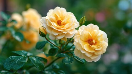 Pale yellow Modern Shrub Rose Faithful Friend blooms in a garden August 2023 Suitable for postcards greetings invitations posters and birthday decor