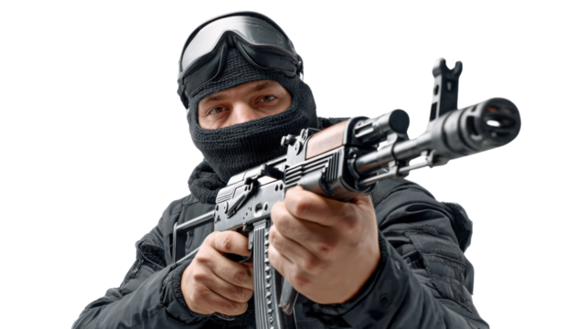 Elite Operative: A determined operative in tactical gear, intensely focused, aims an assault rifle, embodying precision and readiness.
