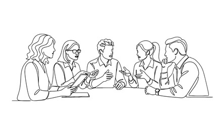 Diverse Team Collaboration Meeting: Business Professionals Discussing Strategy in Modern Office Setting, Continuous Line Art Style for Presentation, Marketing & Web Design, Corporate Brainstorming & P