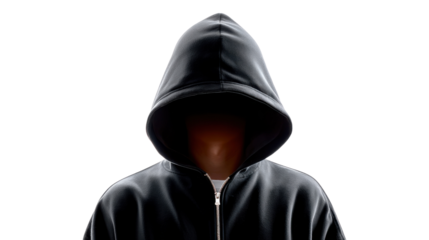 Anonymous hooded figure: An enigmatic figure, cloaked in a dark hoodie, stands in stark anonymity, their face obscured, projecting an air of mystery and concealed identity.