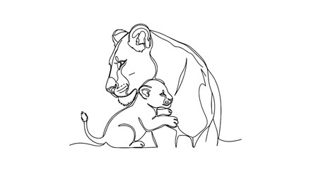 Obraz premium Lioness Protecting Cub in Continuous Line Art: Wildlife Motherhood, Conservation Concept, Minimalist Design for Animal Lovers, Nature Artwork, Family Bond Illustration, Endangered Species Awareness, T