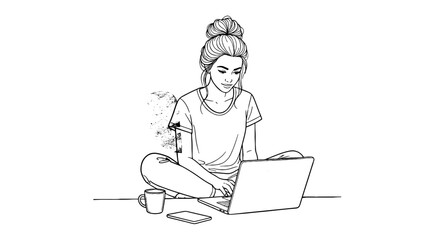 Young Woman Working on Laptop at Home, Relaxed in Casual Clothes, Cross-Legged on Floor, Conceptual Illustration for Modern Lifestyle, Freelancing, Education, and Technology, Minimalist Design with Co