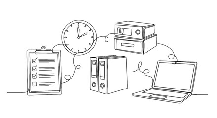 Workflow Organization and Productivity Tools: Laptop, Clock, Clipboard, Binders, Inbox - Managing Tasks and Time Effectively in a Modern Office for Business, Education, and Project Planning. Minimalis
