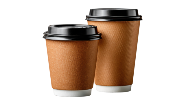 Coffee Cups: Two insulated paper coffee cups, the small and large size are standing side by side. Black lids on both cups, ready for beverages. 