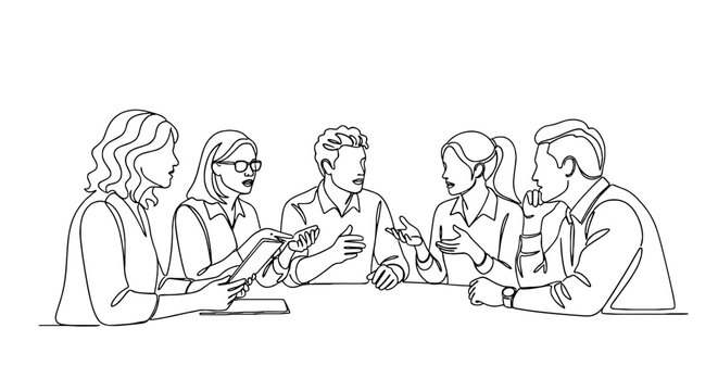 Diverse Team Collaboration Meeting: Business Professionals Discussing Strategy in Modern Office Setting, Continuous Line Art Style for Presentation, Marketing & Web Design, Corporate Brainstorming & P - Powered by Adobe