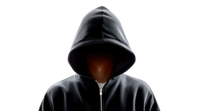 Anonymous hooded figure: An enigmatic figure, cloaked in a dark hoodie, stands in stark anonymity, their face obscured, projecting an air of mystery and concealed identity.