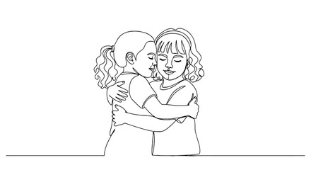 Two Young Girls Embracing in Continuous Line Art: Friendship Illustration for Children's Books, Family Projects, and Educational Materials. Depicting Love, Comfort, and Togetherness in a Minimalist St