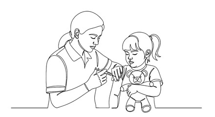 Female Healthcare Professional Administering Vaccine to Young Girl with Teddy Bear at Clinic, Continuous Line Drawing for Pediatric Care, Vaccination Campaign, Immunization Program, Healthcare Awarene