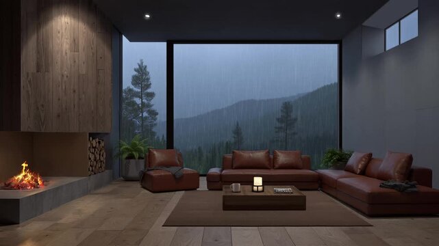 rainy nature escapes, endless looped background animation, wallpaper for yt social media, mountain, rainy environment, foggy weather, 4K UHD