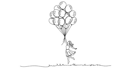 Woman Flying with Balloons on Airy Background for Freedom Concept - Joyful girl with pastel balloons floats in watercolor style, symbolizing inspiration, dreams, aspirations, and imagination. A perfec