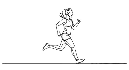 Fototapeta premium Continuous Line Art of a Running Woman Training for a Marathon on a Neutral Background with Vibrant Accents – Illustrative Graphic for Fitness, Wellness, and Active Lifestyle Concepts, Suitable for He