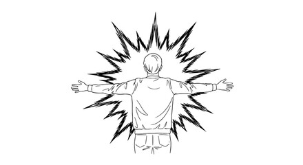 Man Standing with Arms Wide Open Radiating Energy, Embracing Opportunity on White Background, Concept for Personal Growth, Illustration for Business Presentations, Motivation, Energetic Vibes, Positiv