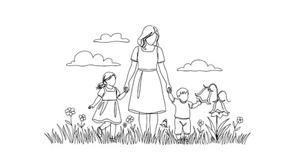 Loving Mother Walking with Children in Blooming Meadow Illustration, Family Togetherness, Springtime Outing in Nature, Representing Parenting, Childhood Joy and Bonding, Modern Linear Art Style on Whi