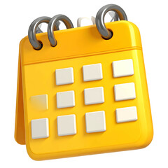 3D-rendered, yellow calendar icon with silver binding, showing blank dates