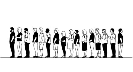 Diverse People Waiting in Line, Side View in Modern Urban Setting for Service or Event, Representing Queuing, Social Distancing, and Orderly Processes for Business, Healthcare, and Community Projects,