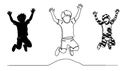Energetic Children Jumping with Joy on a Hillside Meadow Landscape, Celebrating Freedom and Happiness, Single Continuous Line Art Style Illustration for Education, Healthcare, and Youth Projects (Outl