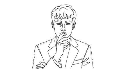 Contemplative Young Professional Man Gesturing in Minimalist Modern Workspace, Thinking Deeply in Stylish Business Attire for Marketing Campaigns and Conceptual Presentations, Line Art Style with Thou