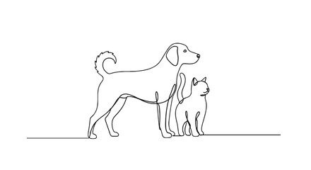 Dog and Cat Companionship Illustration: Modern Feline and Canine Friendship Art for Veterinary Clinic Branding, Pet Care Marketing, and Animal-Themed Design Projects Featuring Clean, Minimalist Line A