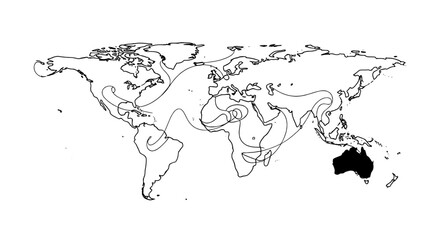 Conceptual World Map Showing Global Connections & Migration Patterns for Business Strategy & International Trade, Featuring Travel Routes & Network Analysis for Education & Presentation Material, Geog