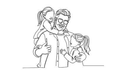 Bearded Father Piggybacking Daughter and Hugging Another in Joyful Family Moment Illustration on White Background with Colored Circles, Minimalist Line Art Style for Father's Day, Parenting, Childhood
