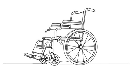 Wheelchair Illustration on White Background: Medical Mobility Aid for Disabled Individuals, Single Continuous Line Drawing in Beige and Teal, Accessible Healthcare Design for Doctors and Rehab Facilit