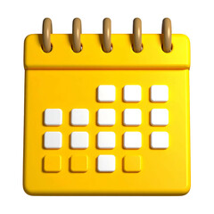 3D-rendered yellow calendar with white square days, isolated on a black background
