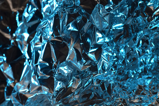 Blue Metallic Foil Texture with Shiny Surface. Close-up of crumpled metallic blue foil creating abstract reflections and geometric light patterns.
