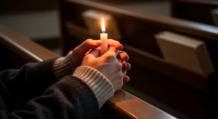 Hands hold a lit candle in a church pew illuminating a sense of reverence and reflection