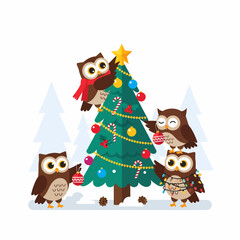Cute owls decorate a christmas tree vector illustration fun holiday season