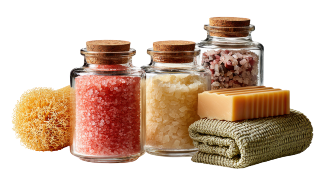Spa Essentials: A collection of spa essentials, including colorful bath salts in glass jars, a natural sponge, a bar of soap, and a rolled towel.