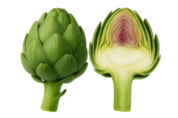 Whole and half raw artichoke, showing the vegetable's core and structure. Fresh artichoke isolated, transparent background