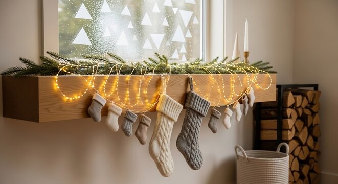 Holiday decor stockings hang from a shelf with lights under a decorated window
