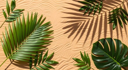 A lush flat lay of green palm and monstera leaves dances over a peach-toned, textured background—blending summer vibes, natural elegance, and artistic shadow play in a vibrant tropical composition.