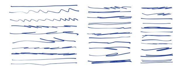 Fototapeta na wymiar Hand drawn blue pen underline strokes. freehand pen stroke sketch brush scribbles, ink marker squiggle lines.