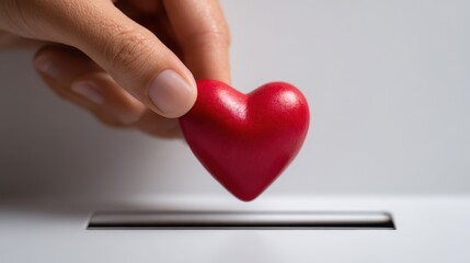A red heart icon is placed by a hand into a white donation box symbolizing charity and life saving contributions