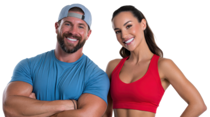 Dynamic Duo of Wellness: A vibrant couple exuding vitality and fitness, their radiant smiles and confident stances embodying the essence of a healthy lifestyle. 