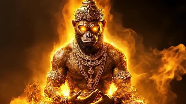Golden monkey deity meditating in fire, adorned with jewelry and a crown.