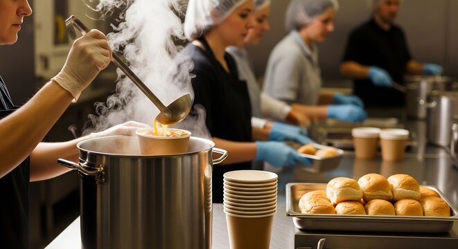 Kitchen staff serving soup  bread rolls one ladles soup into a cup others prepare items on a metal counter