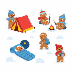 Cute cartoon gingerbread camping adventure with tent bonfire and sleepingbag