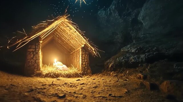 Nativity scene with baby Jesus in a manger under the shining star.