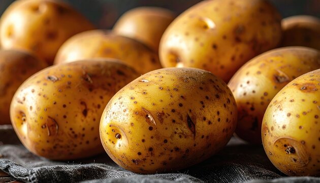 Close Up Macro Shot Of Fresh Raw Potatoes With Dark Earthy Skin Sprinkled With Water Droplets On A Textured Surface With Soft Natural Lighting